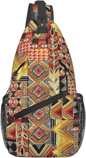 African Textile Patchwork Print Crossbody Sling Bag, Lightweight Shoulder Backpack Adjustable Outdoor Travel Cycling Bag