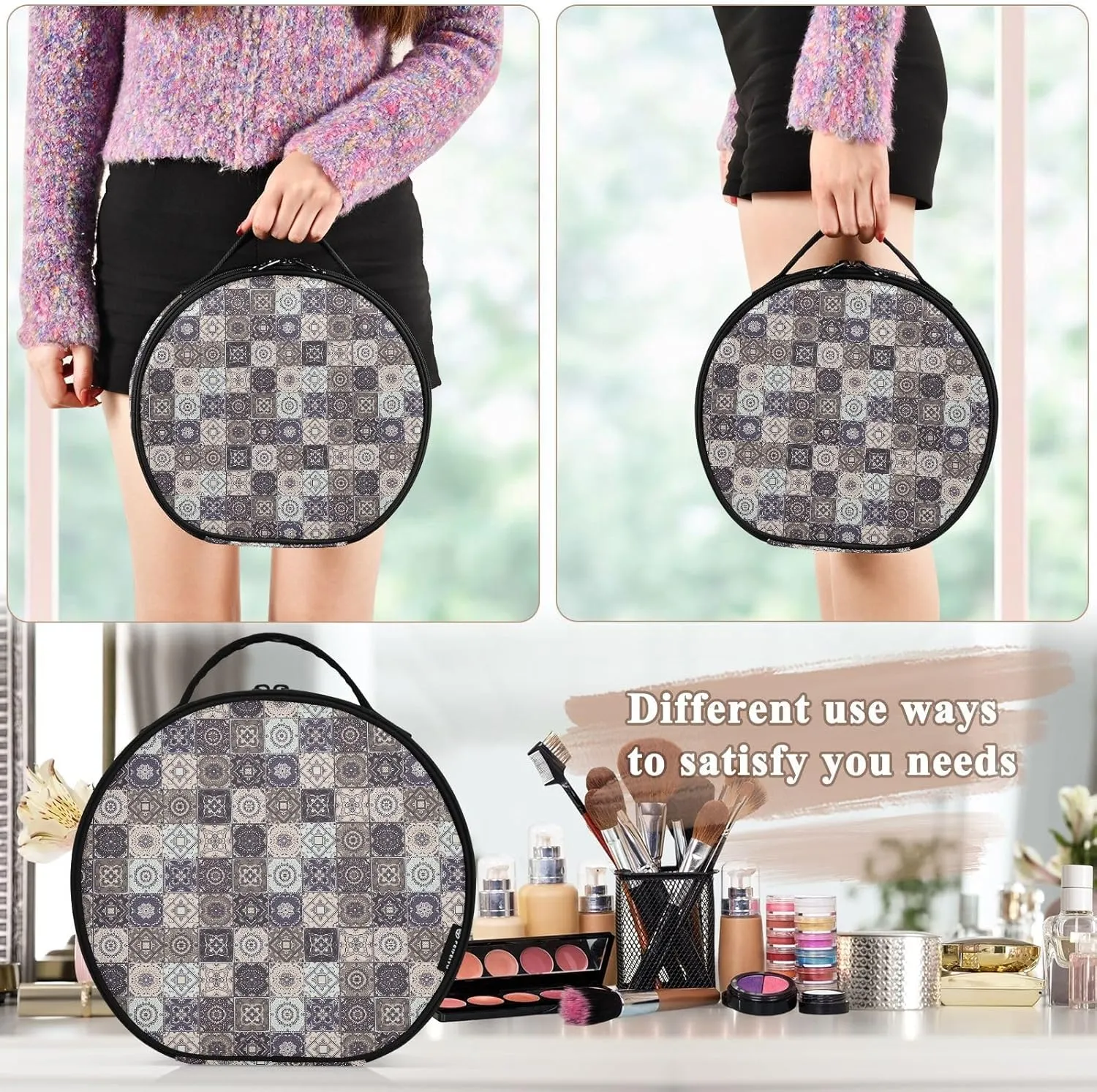ALAZA Indian Patchwork Turkish Ornament Moroccan Tile Mosaic Travel Make Up Organizer Cosmetic Brush Bags Case