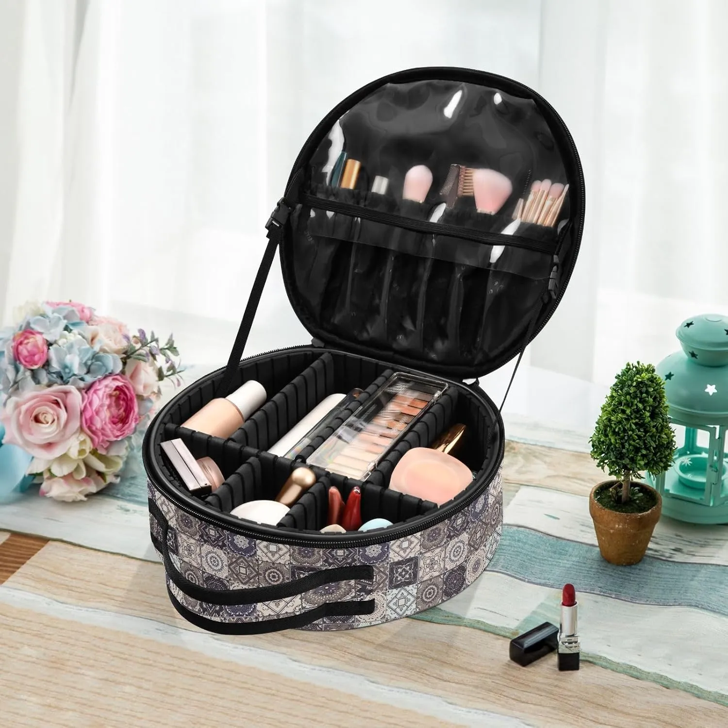 ALAZA Indian Patchwork Turkish Ornament Moroccan Tile Mosaic Travel Make Up Organizer Cosmetic Brush Bags Case