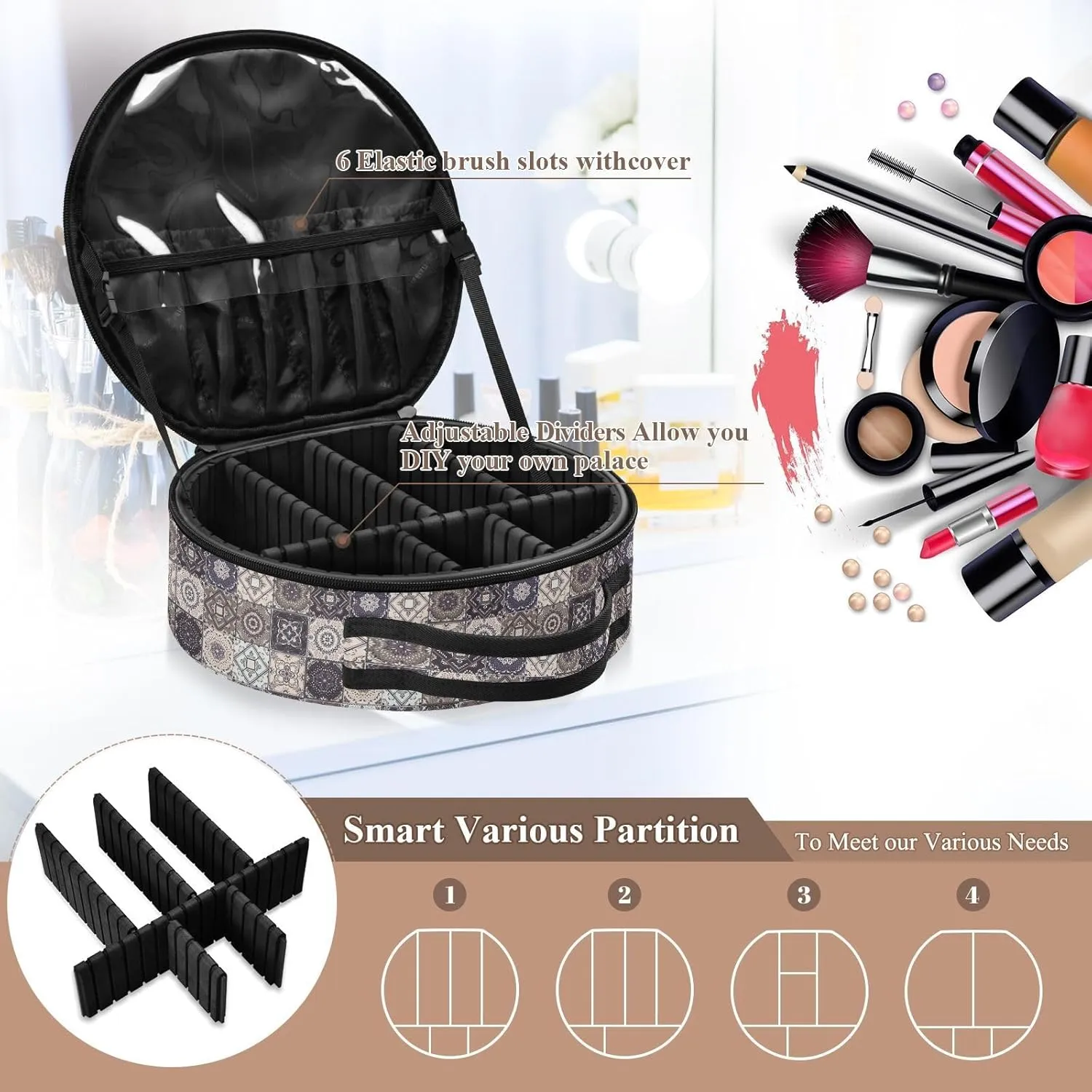 ALAZA Indian Patchwork Turkish Ornament Moroccan Tile Mosaic Travel Make Up Organizer Cosmetic Brush Bags Case