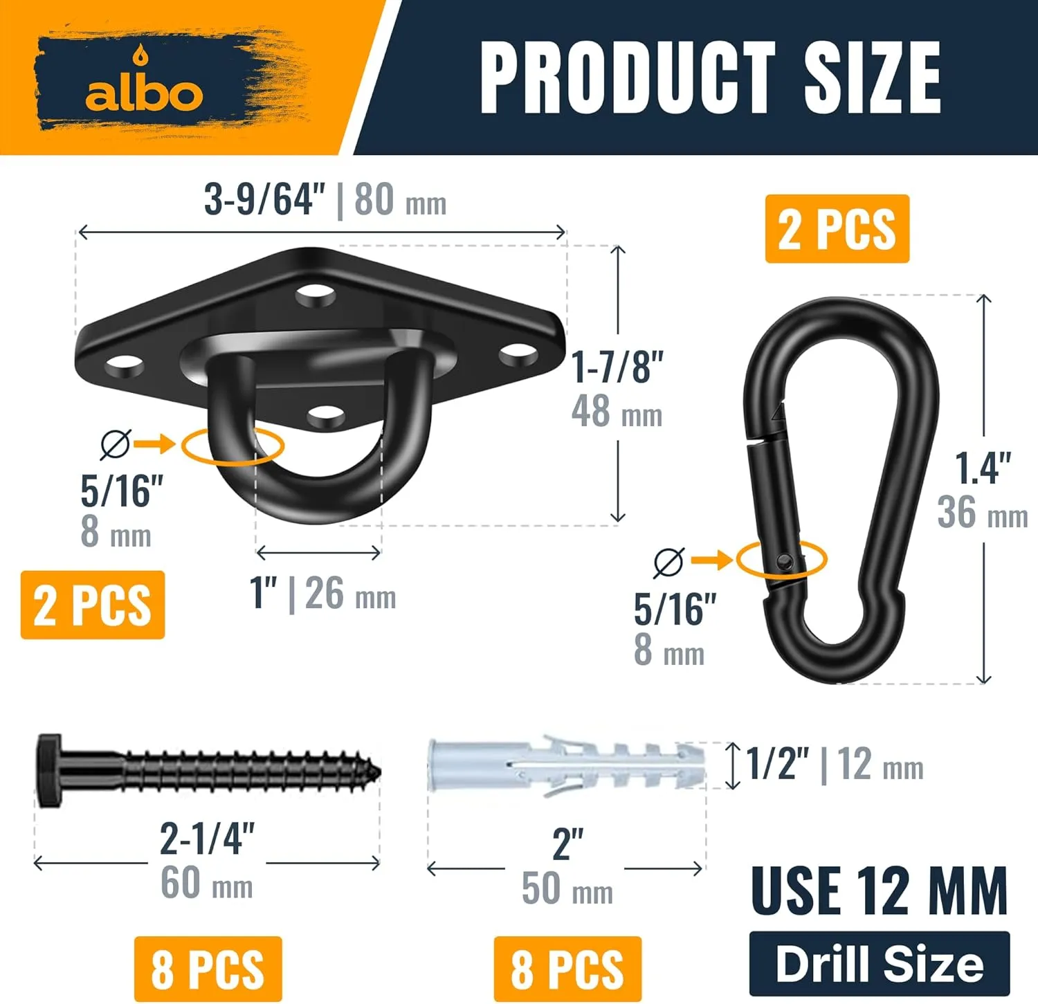 Albo Diamond Plate 2650lbs Swing Hangers 2 PCS - Heavy Duty Ceiling Mount Hooks with Snap Carabiners, 304 Stainless Steel for Wood & Concrete & Metal, Indoor Outdoor Anchor for Hammock, Yoga, TRX