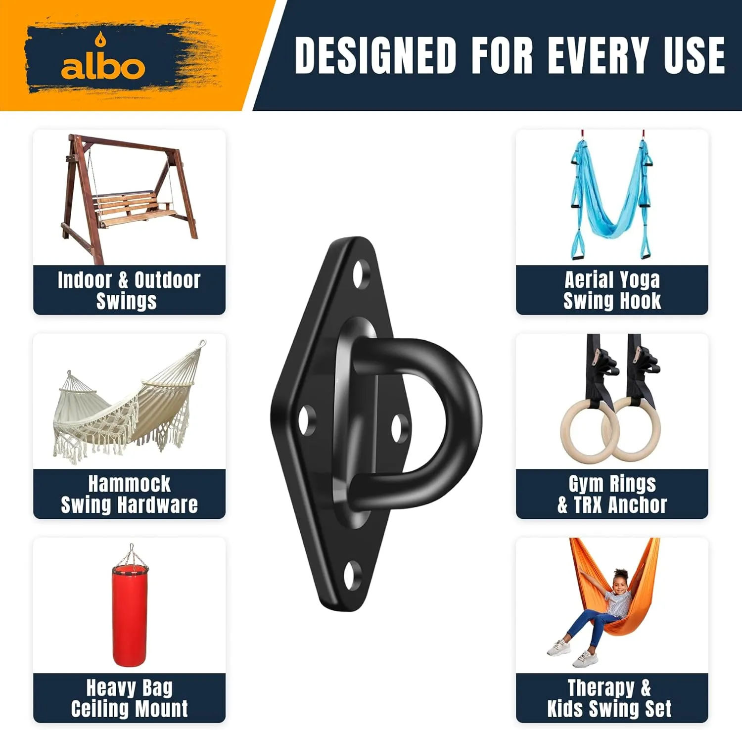 Albo Diamond Plate 2650lbs Swing Hangers 2 PCS - Heavy Duty Ceiling Mount Hooks with Snap Carabiners, 304 Stainless Steel for Wood & Concrete & Metal, Indoor Outdoor Anchor for Hammock, Yoga, TRX