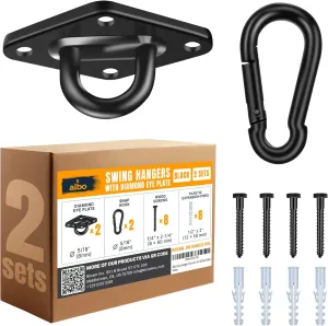 Albo Diamond Plate 2650lbs Swing Hangers 2 PCS - Heavy Duty Ceiling Mount Hooks with Snap Carabiners, 304 Stainless Steel for Wood & Concrete & Metal, Indoor Outdoor Anchor for Hammock, Yoga, TRX