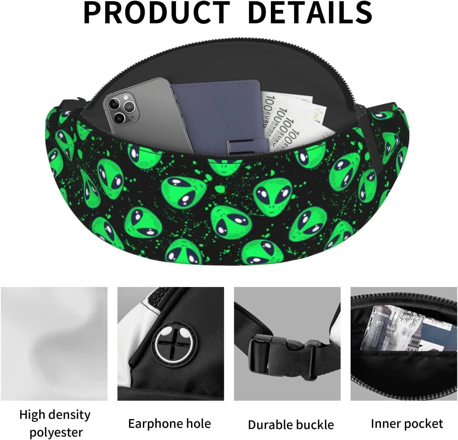 Alien Fanny Pack Waist Bag Adjustable Belt Bag For Men Women Traveling Hiking Cycling Running