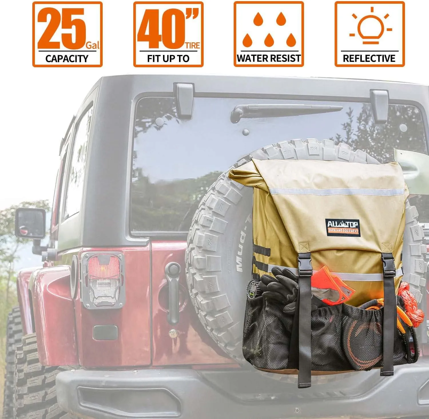 ALL-TOP Spare Tire Trash Bag, Heavy Duty Truck Tailgate Trash Bag, Cargo Storage Bag for Jeep, Truck, SUV or Car, Fit up to 40'' Tire (Gobi Tan)