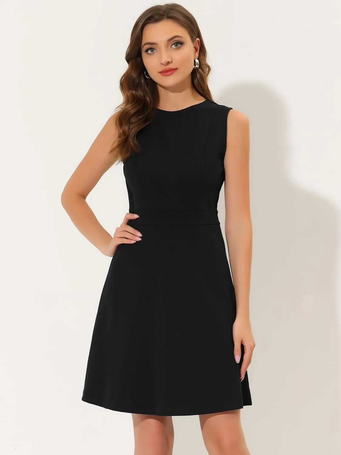 Allegra K Women's Work Dress Round Neck Solid Color Sleeveless A-Line Casual Office Dresses