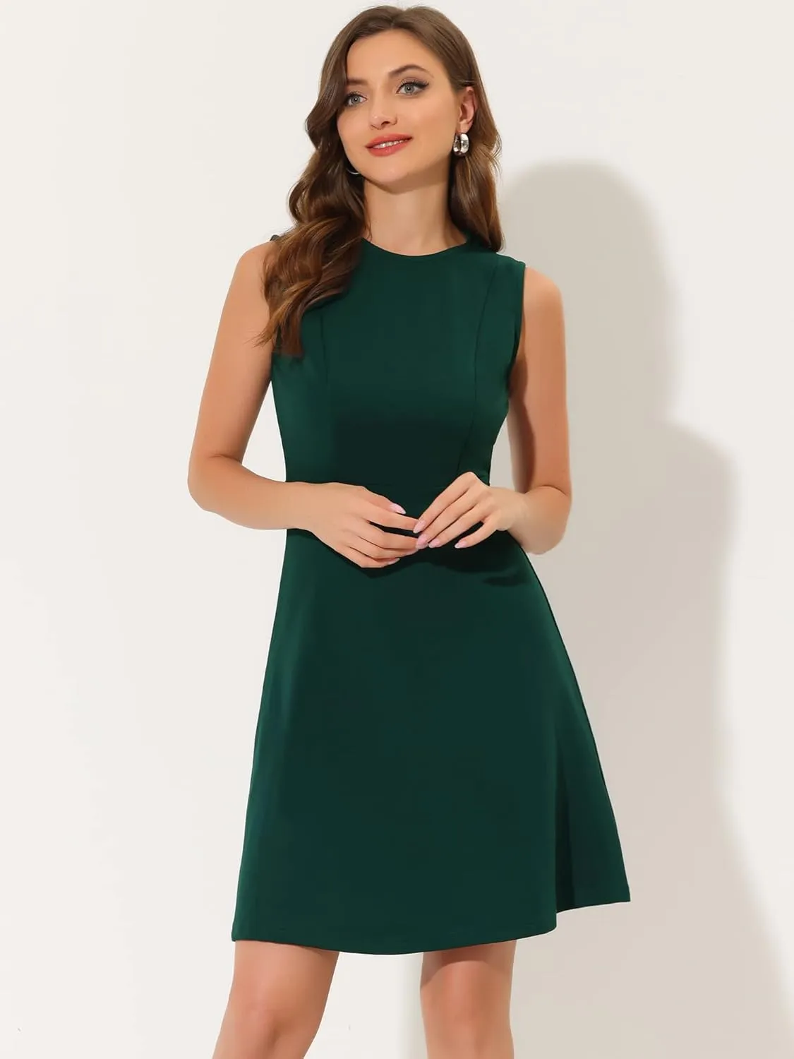 Allegra K Women's Work Dress Round Neck Solid Color Sleeveless A-Line Casual Office Dresses
