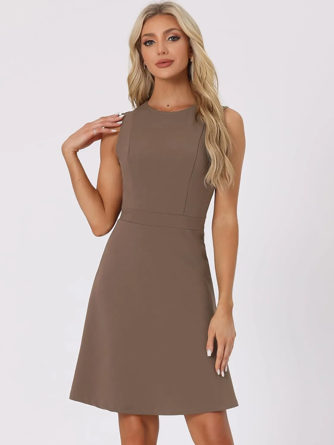 Allegra K Women's Work Dress Round Neck Solid Color Sleeveless A-Line Casual Office Dresses