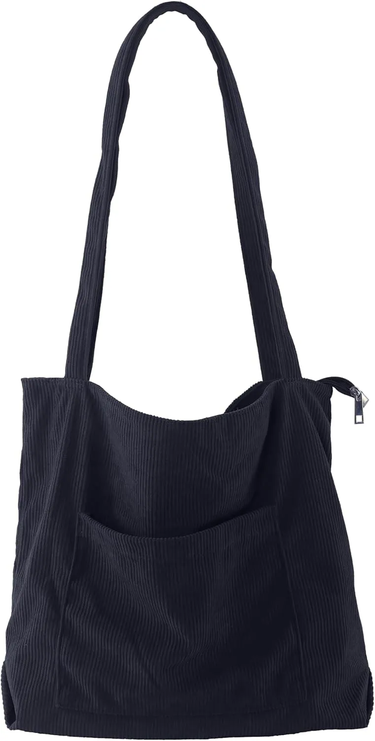 ALUWU Corduroy Tote Bag for Women with Front Pocket and Zipper