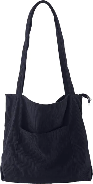 ALUWU Corduroy Tote Bag for Women with Front Pocket and Zipper