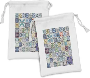 Ambesonne Moroccan Fabric Pouch Set of 2, Floral Patchwork Design Mediterranean Symbolic Artisan Work, Small Drawstring Bag for Toiletries Masks and Favors, 9" x 6", Multicolor