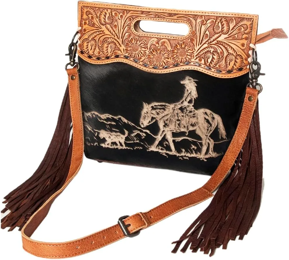 American Darling ADBGS146A Clutch Hand Tooled Hair On Genuine Leather Women Bag Western Handbag Purse