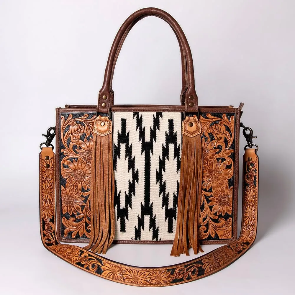 American Darling Briefcase Hand Tooled Saddle Blanket Genuine Leather women bag western handbag purse, Black