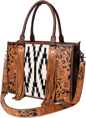 American Darling Briefcase Hand Tooled Saddle Blanket Genuine Leather women bag western handbag purse, Black