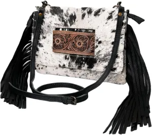 American Darling Hand Tooled Hair-On Genuine Leather Women Bag Western Handbag Purse, Black
