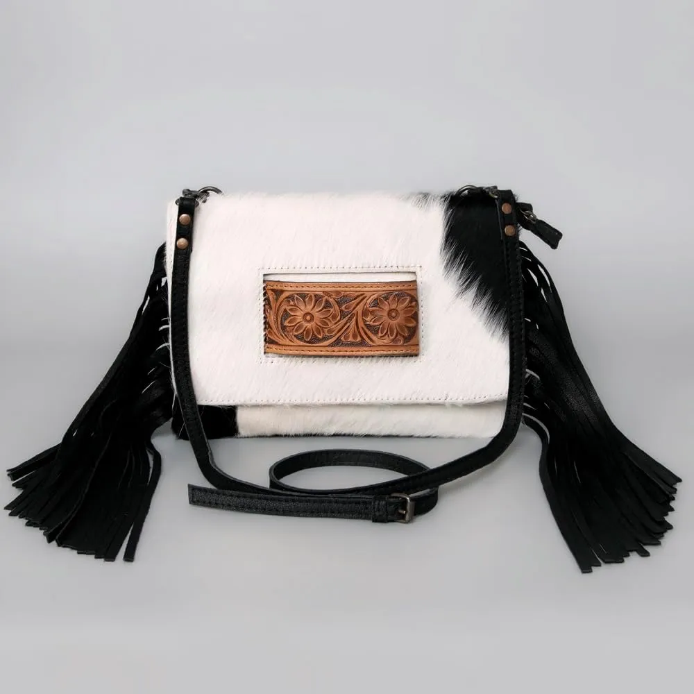 American Darling Hand Tooled Hair-On Genuine Leather Women Bag Western Handbag Purse, Black