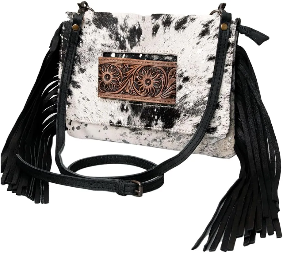 American Darling Hand Tooled Hair-On Genuine Leather Women Bag Western Handbag Purse, Black