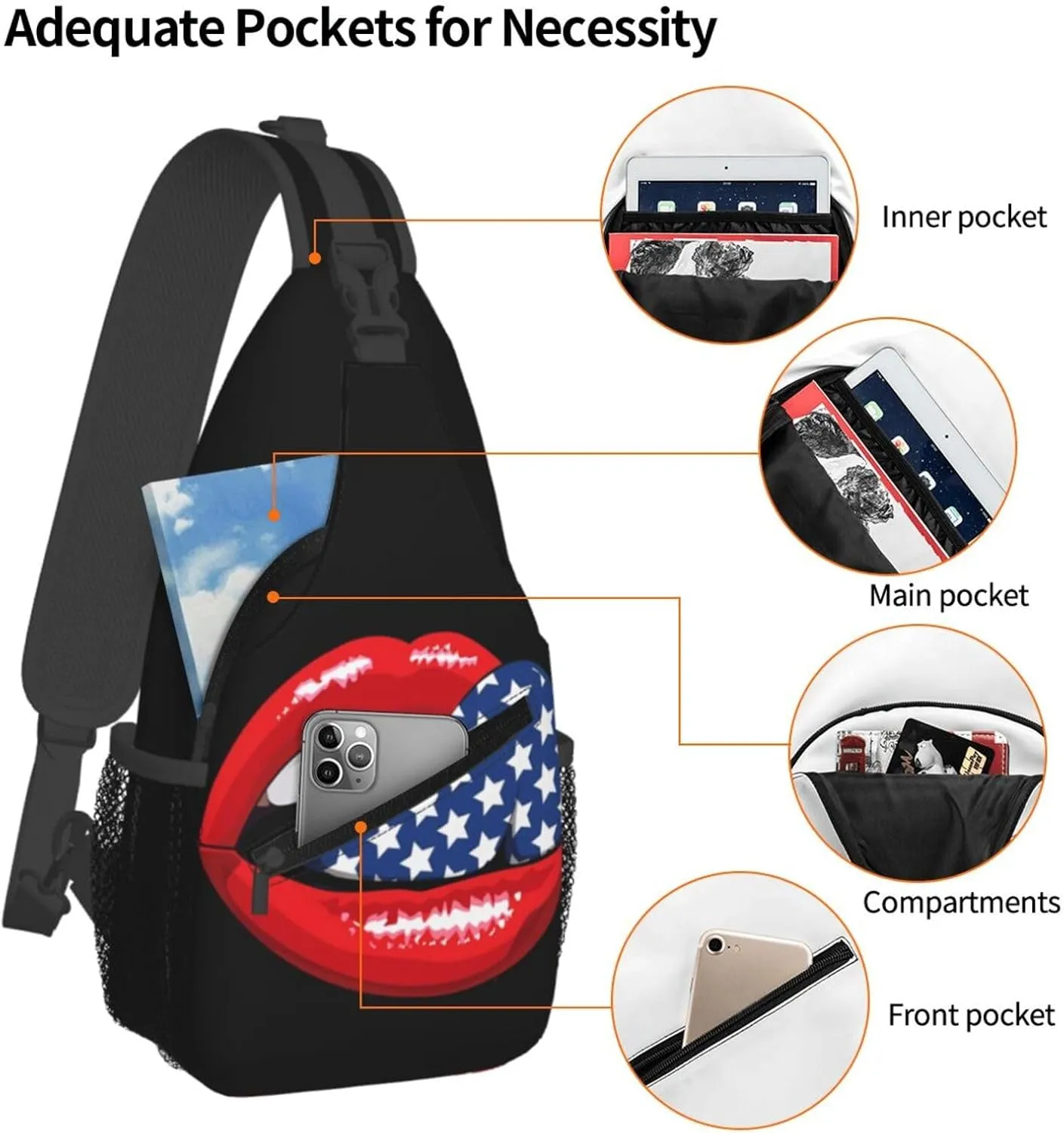 American Flag Tongue Lips Chest Sling Bag Crossbody Shoulder Backpack Bag Gym Cycling Daypack Travel Hiking Cross Bag
