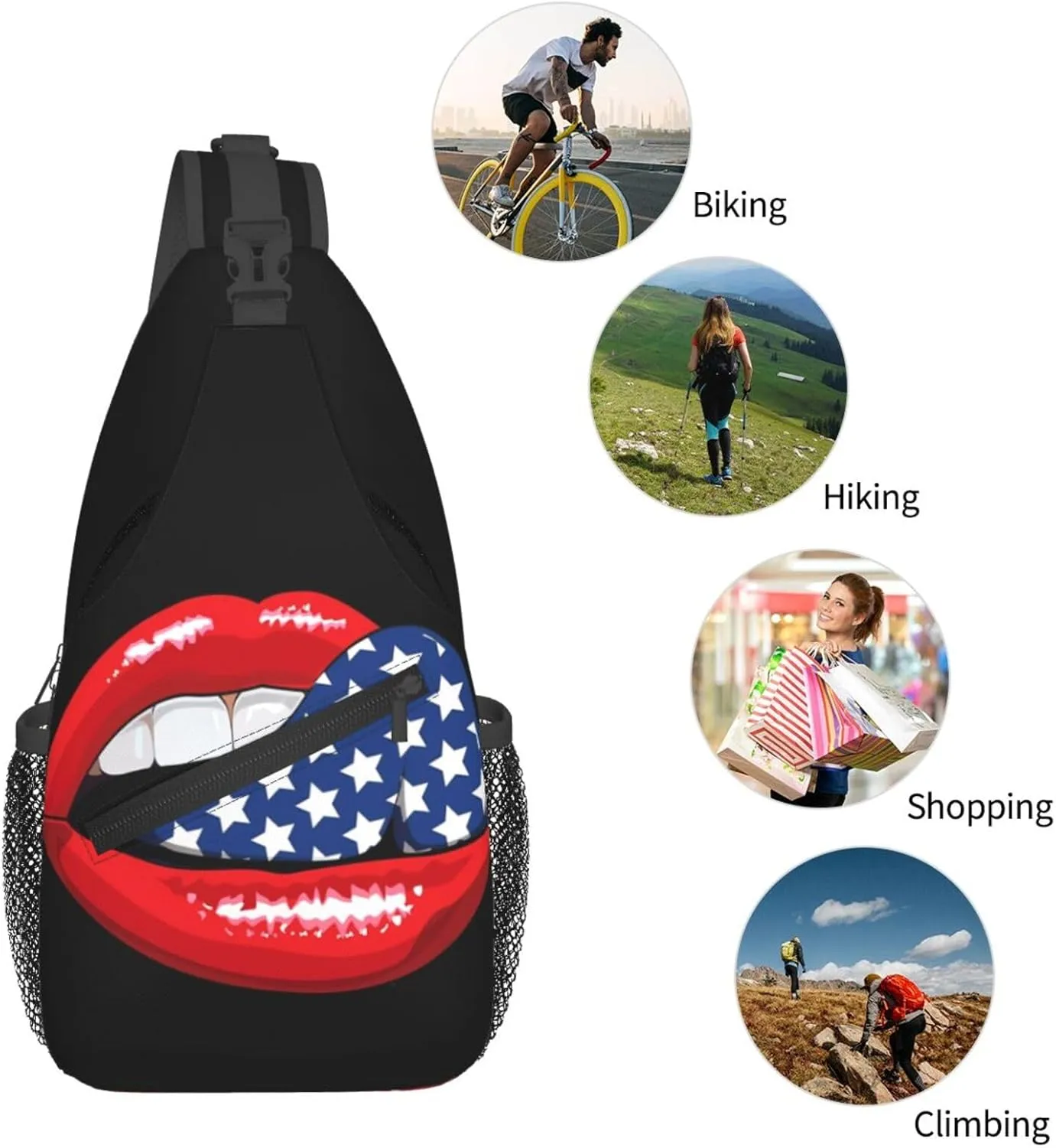American Flag Tongue Lips Chest Sling Bag Crossbody Shoulder Backpack Bag Gym Cycling Daypack Travel Hiking Cross Bag