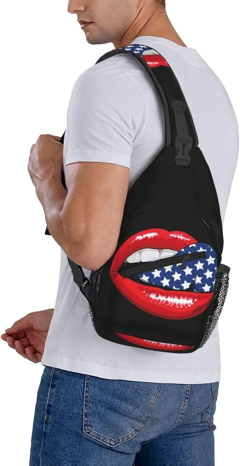 American Flag Tongue Lips Chest Sling Bag Crossbody Shoulder Backpack Bag Gym Cycling Daypack Travel Hiking Cross Bag