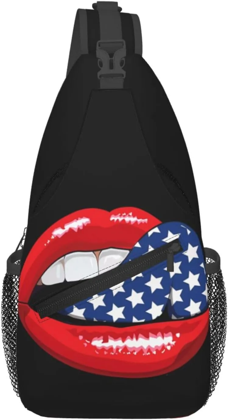 American Flag Tongue Lips Chest Sling Bag Crossbody Shoulder Backpack Bag Gym Cycling Daypack Travel Hiking Cross Bag