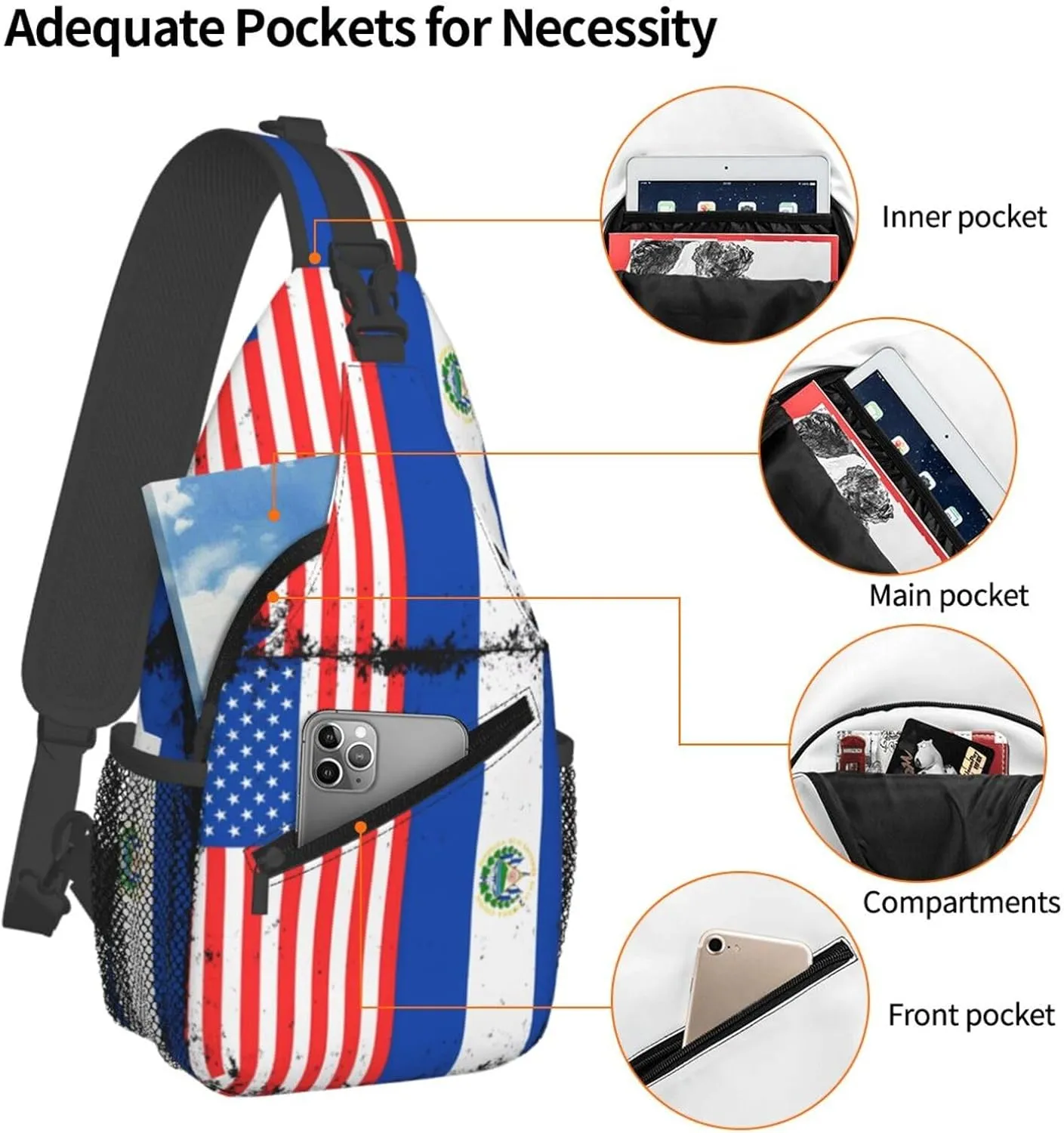 American Salvadorian Flag Salvadoreños Roots Chest Sling Bag Crossbody Shoulder Backpack Bag Gym Cycling Daypack Travel Hiking Cross Bag