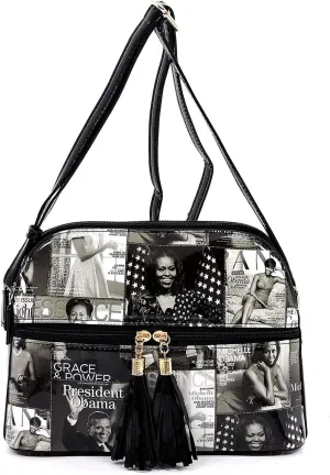 AMY&JOEY Glossy magazine cover collage multi compartments crossbody bag purses Michelle Obama bags with tassels (GY/BK)