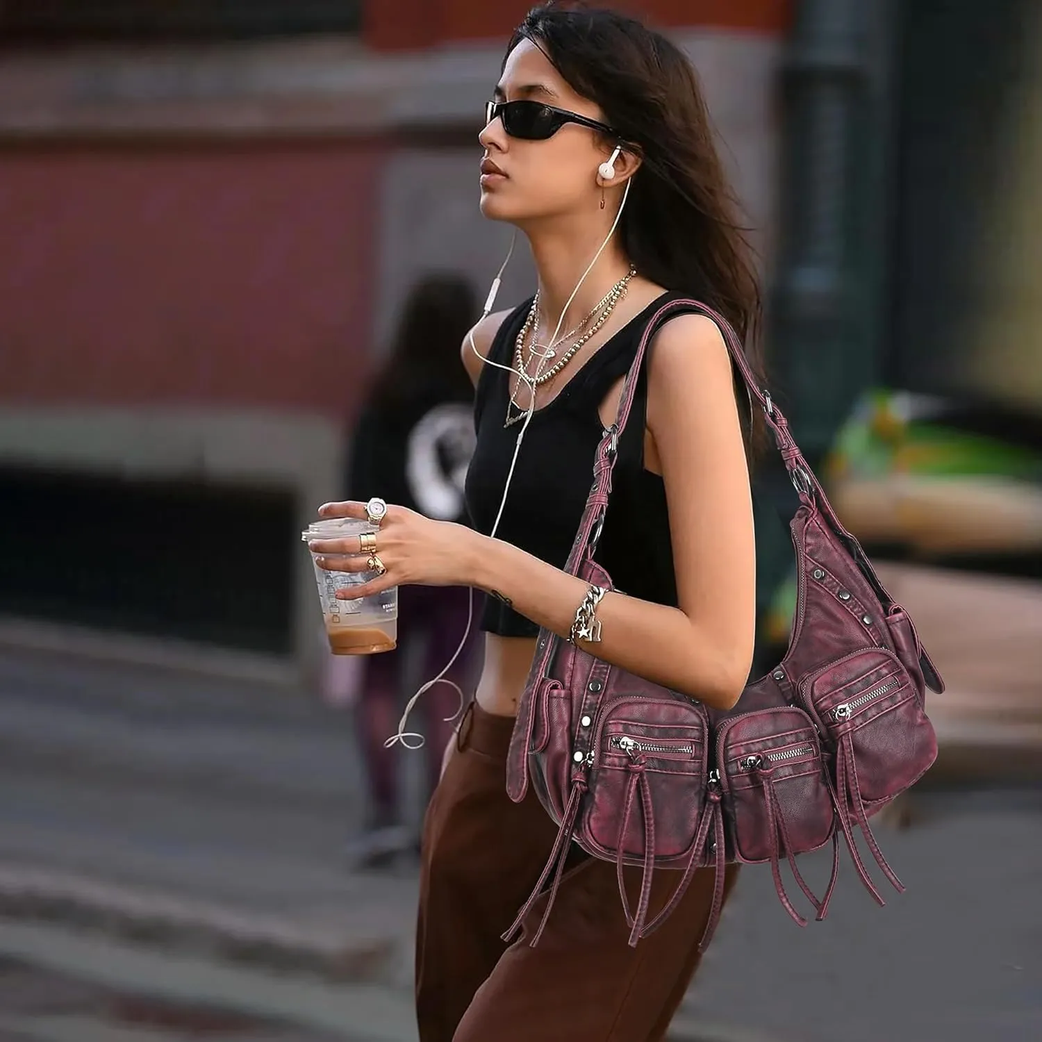 Angel Kiss Hobo Bags Purse for Women Y2K Shoulder Bag Multi Pockets Designer Satchel Studded Handbags with Strap