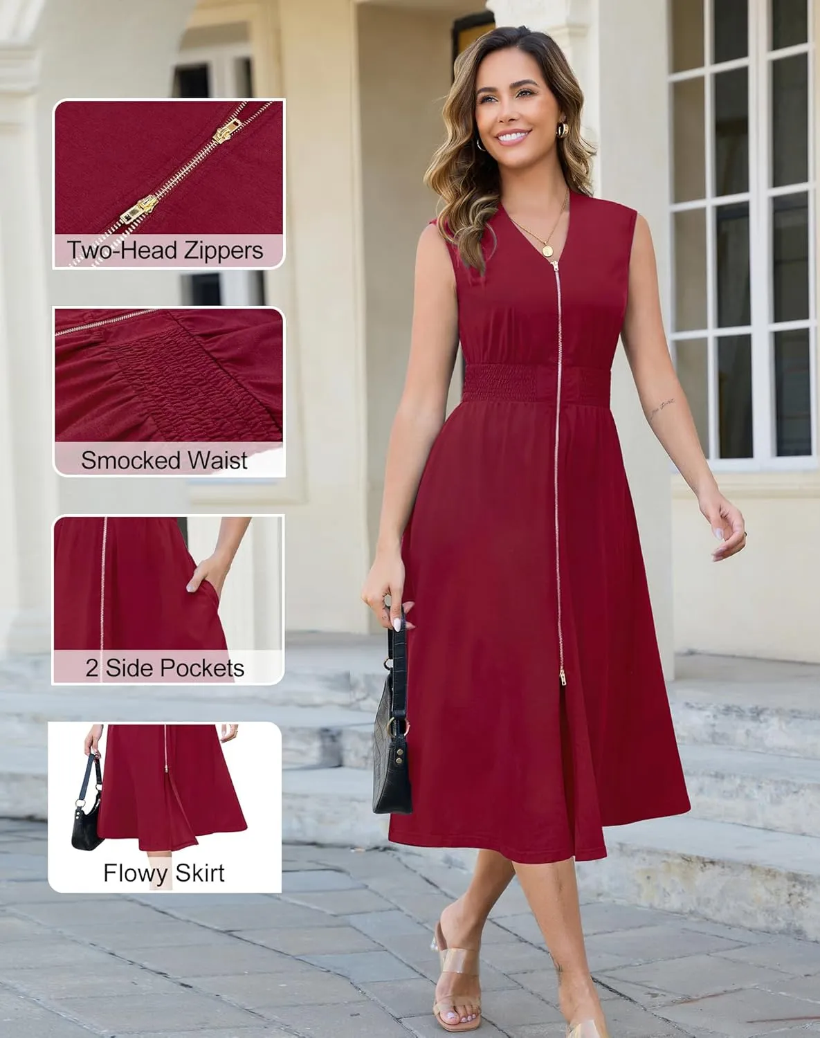Annebouti Womens 2025 Summer Spring Casual Work Smocked Waist Zipper Front Sleeveless Flowy Midi Dress with Pockets