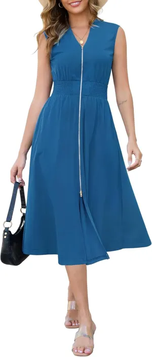 Annebouti Womens 2025 Summer Spring Casual Work Smocked Waist Zipper Front Sleeveless Flowy Midi Dress with Pockets