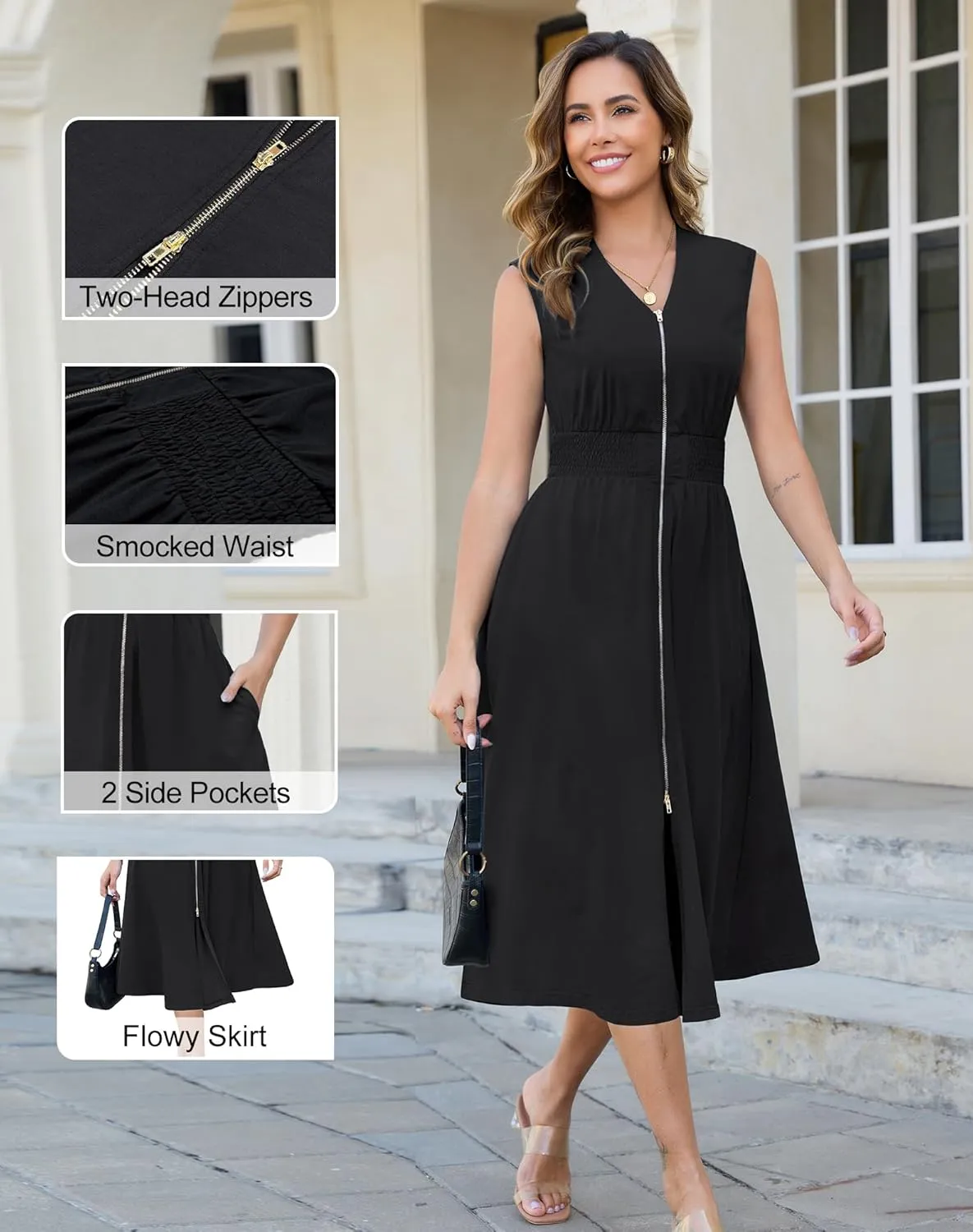 Annebouti Womens 2025 Summer Spring Casual Work Smocked Waist Zipper Front Sleeveless Flowy Midi Dress with Pockets