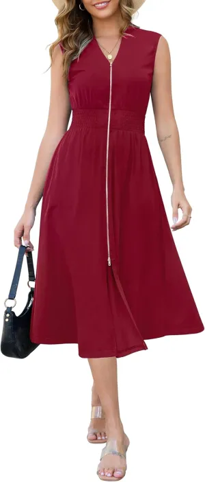 Annebouti Womens 2025 Summer Spring Casual Work Smocked Waist Zipper Front Sleeveless Flowy Midi Dress with Pockets