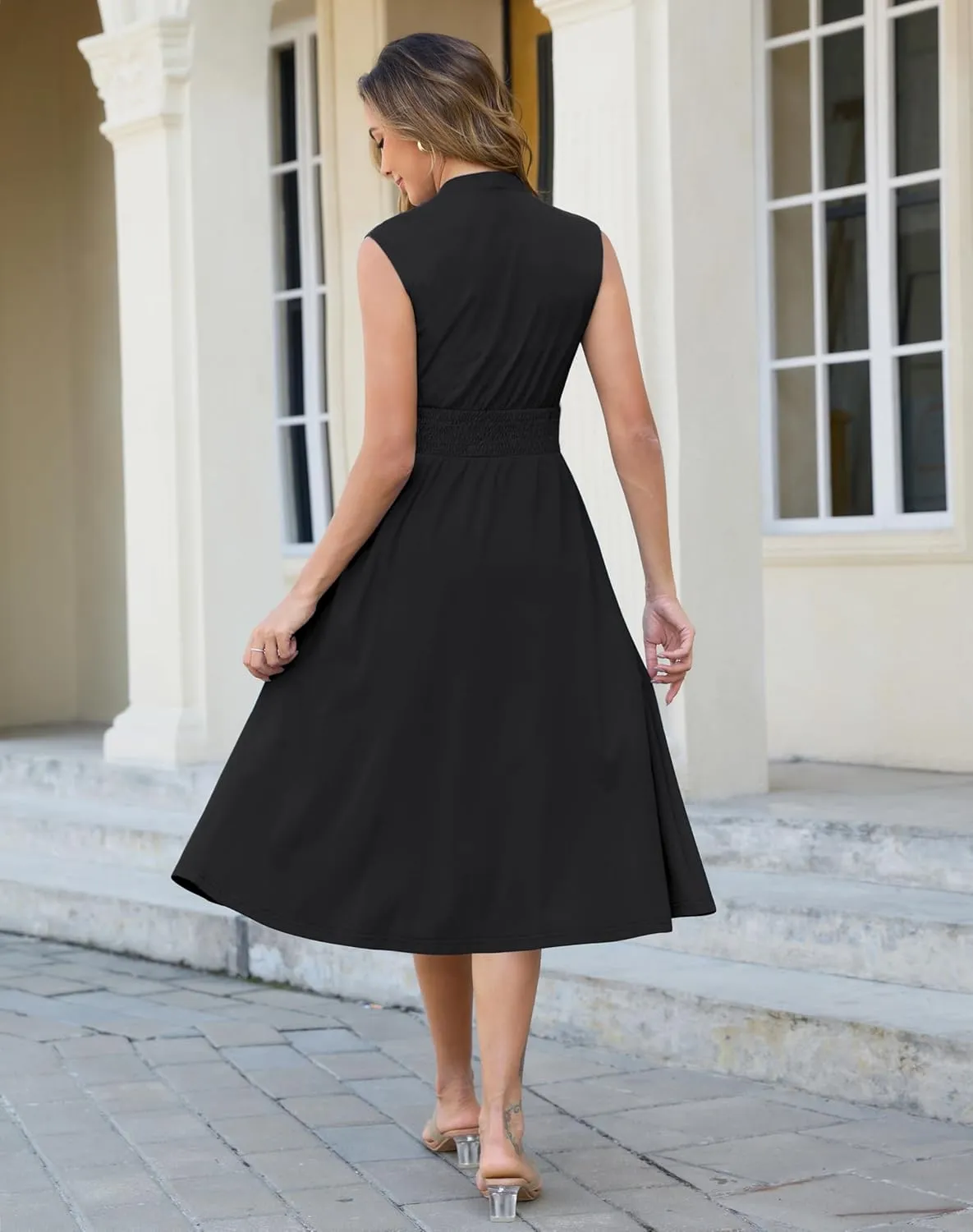 Annebouti Womens 2025 Summer Spring Casual Work Smocked Waist Zipper Front Sleeveless Flowy Midi Dress with Pockets