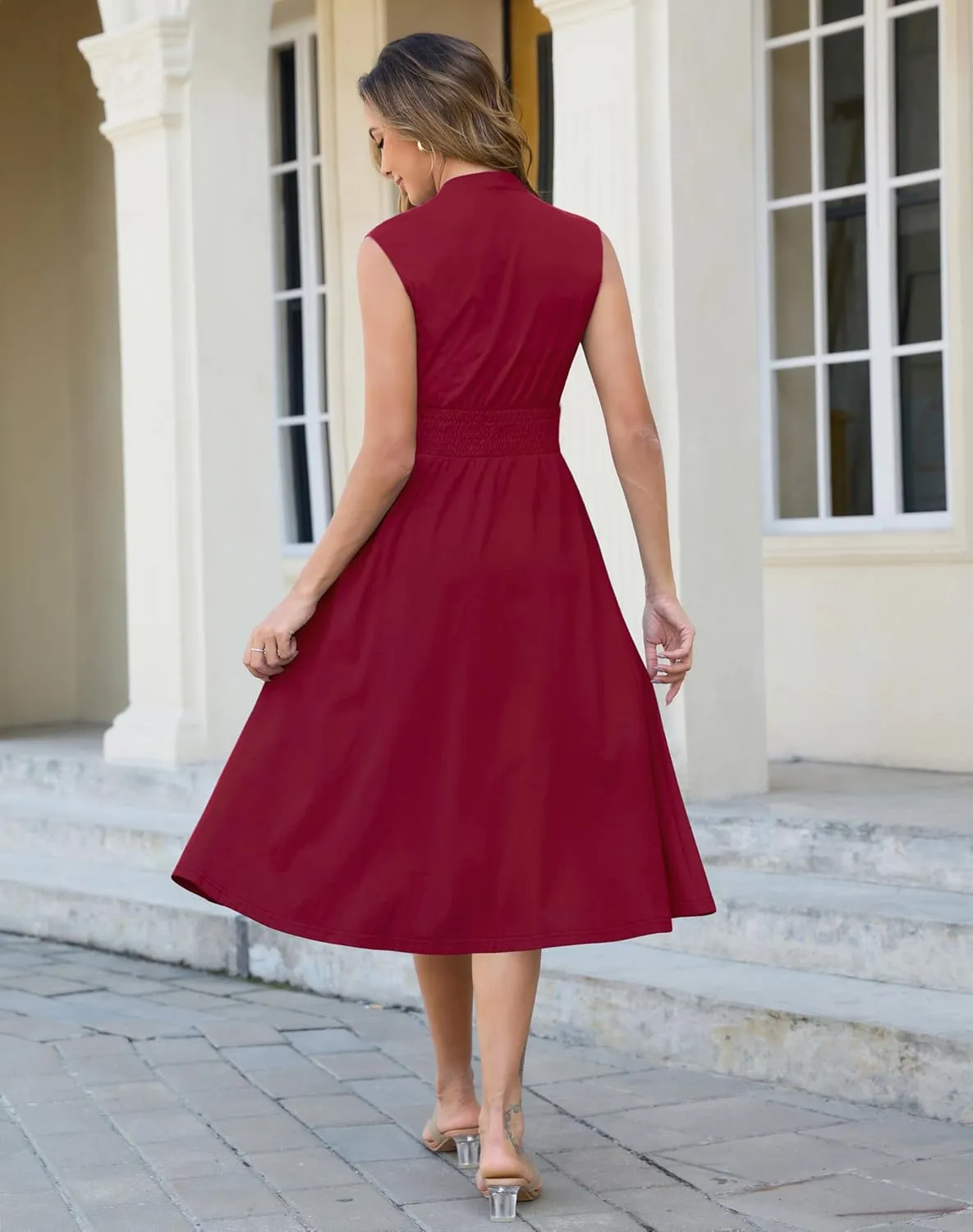Annebouti Womens 2025 Summer Spring Casual Work Smocked Waist Zipper Front Sleeveless Flowy Midi Dress with Pockets