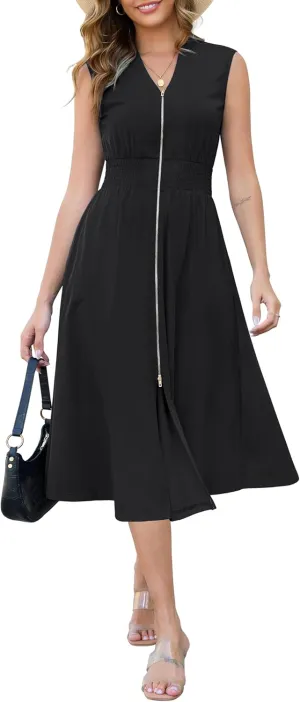 Annebouti Womens 2025 Summer Spring Casual Work Smocked Waist Zipper Front Sleeveless Flowy Midi Dress with Pockets