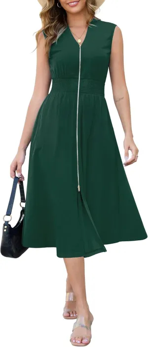 Annebouti Womens 2025 Summer Spring Casual Work Smocked Waist Zipper Front Sleeveless Flowy Midi Dress with Pockets