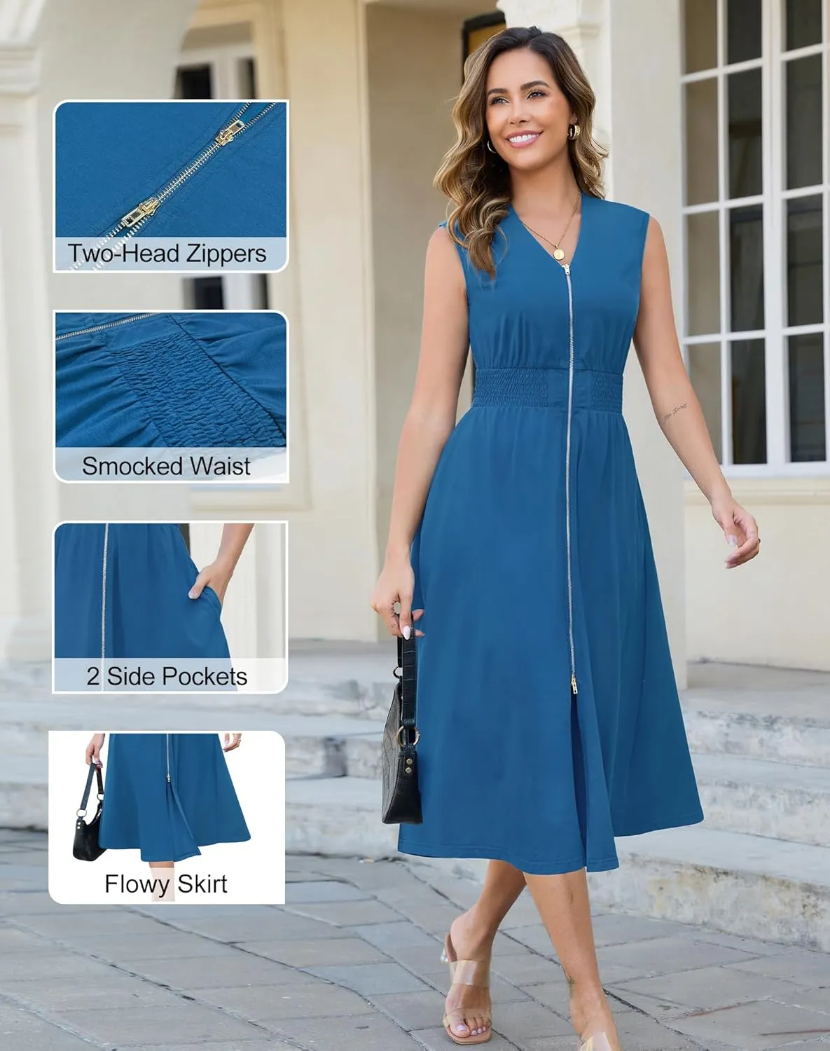 Annebouti Womens 2025 Summer Spring Casual Work Smocked Waist Zipper Front Sleeveless Flowy Midi Dress with Pockets