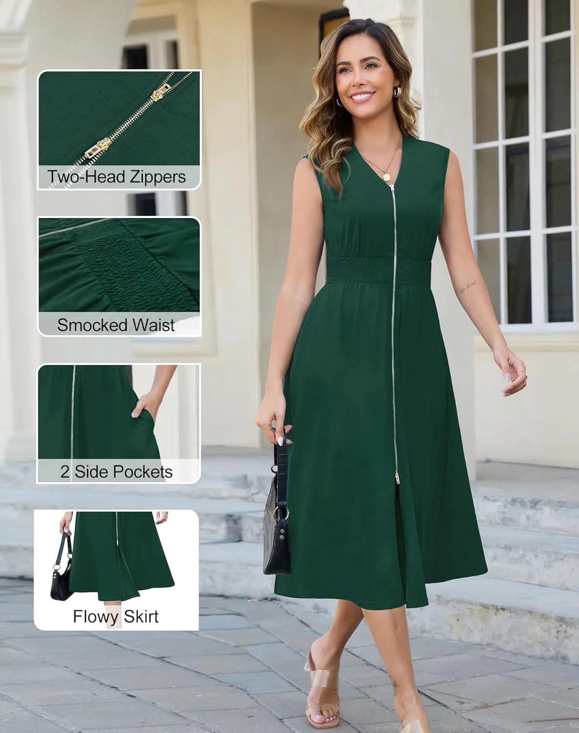 Annebouti Womens 2025 Summer Spring Casual Work Smocked Waist Zipper Front Sleeveless Flowy Midi Dress with Pockets