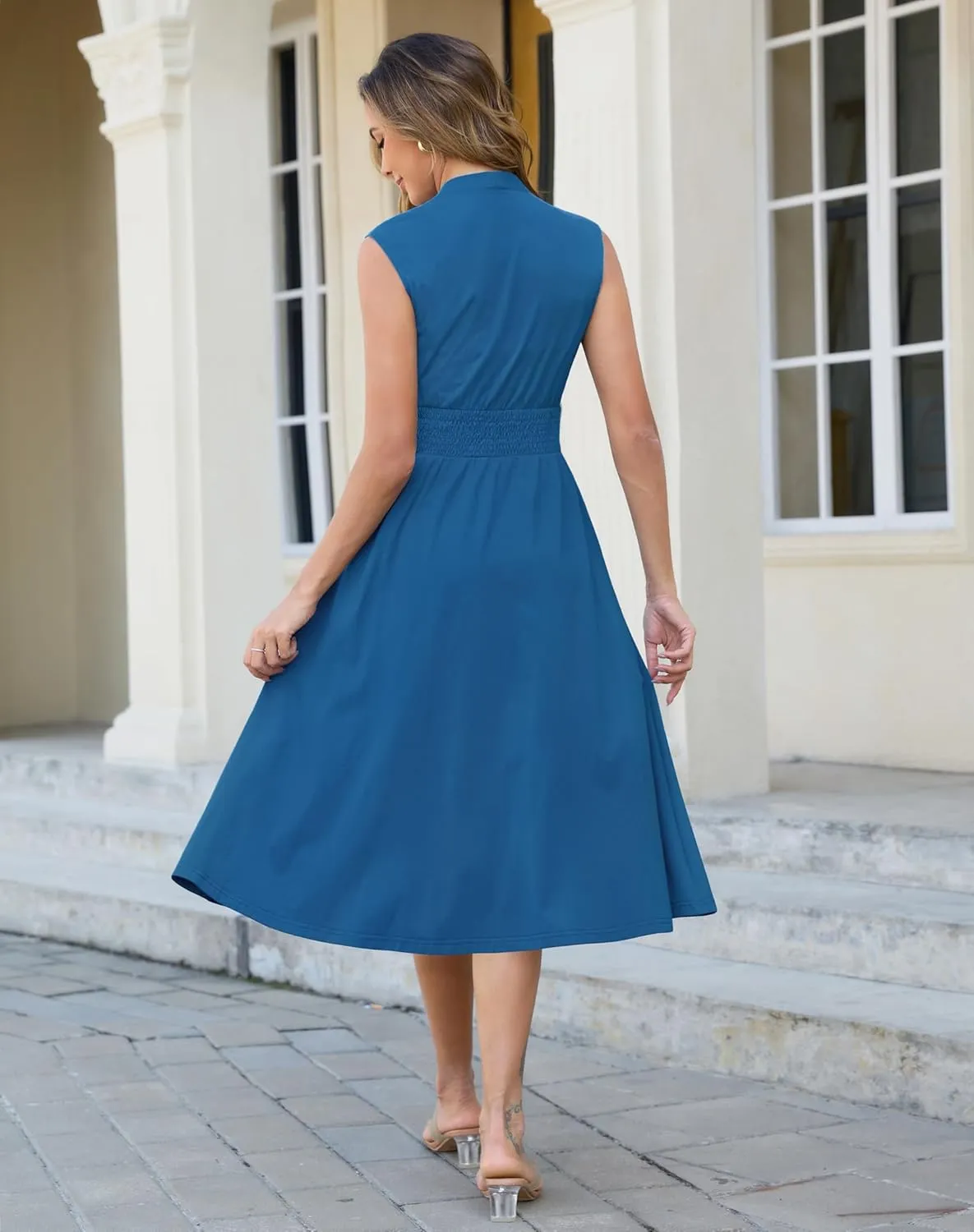 Annebouti Womens 2025 Summer Spring Casual Work Smocked Waist Zipper Front Sleeveless Flowy Midi Dress with Pockets