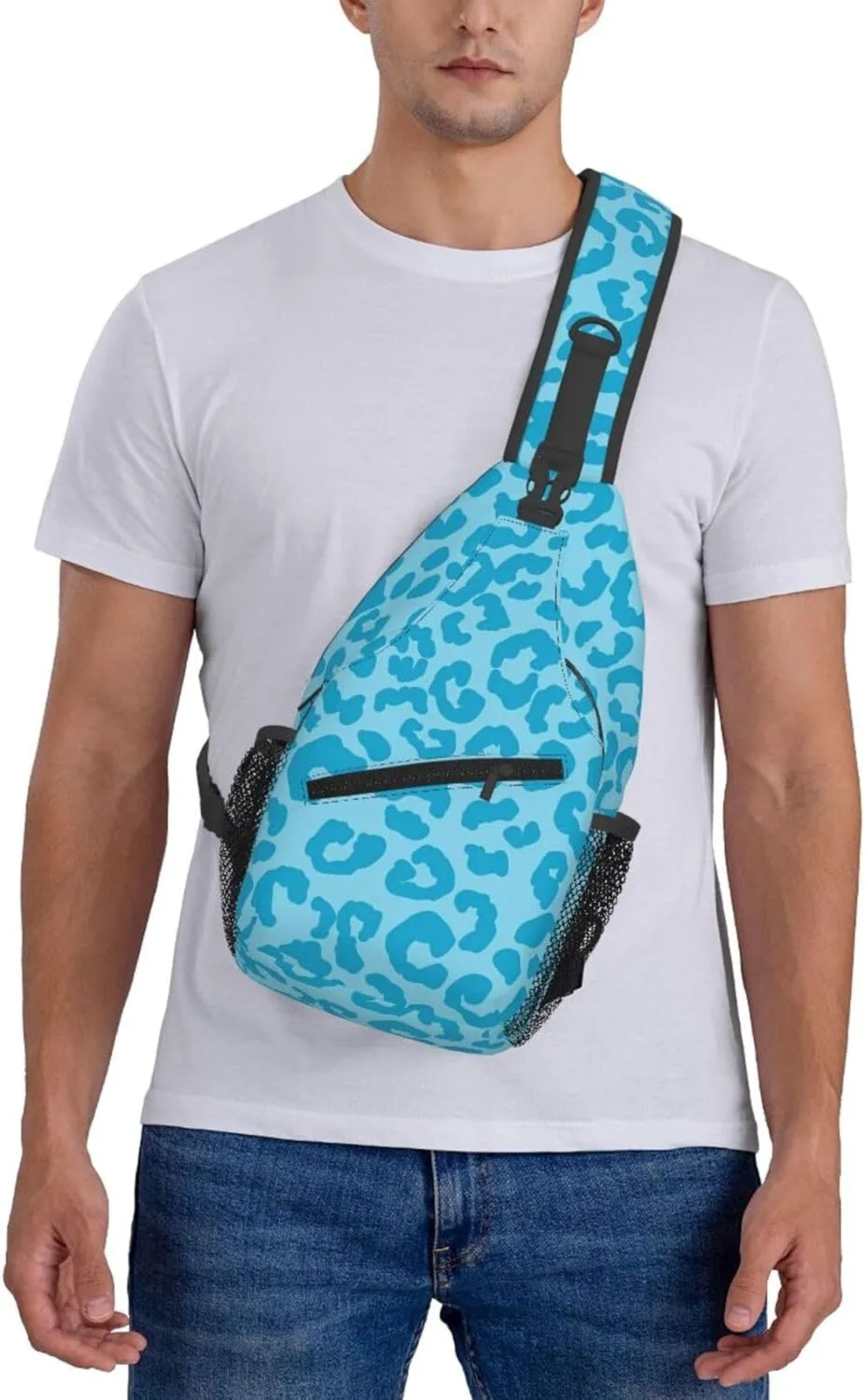 Aqua Cheetah Blue Aesthetic Crossbody Bag Cross Chest Bag Adjustable Sling Backpack Sports Gym Shoulder Bags Travel Cycling Daypack Diagonally Casual Rucksack