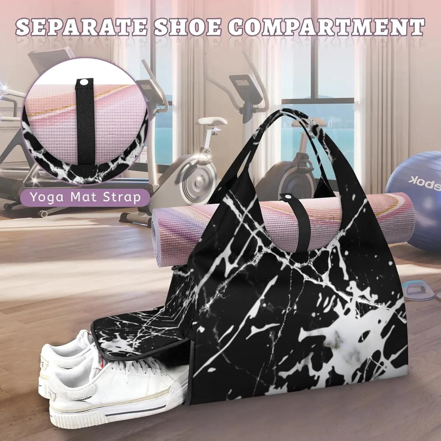 Artificial Marble Gym Bag Yoga Mat Tote for Women with Shoes Compartment Lightweight Duffle Travel Carrier Wet Dry Storage Pockets Adjustable Pilates Mats Shoulder Bags for Sport Swim