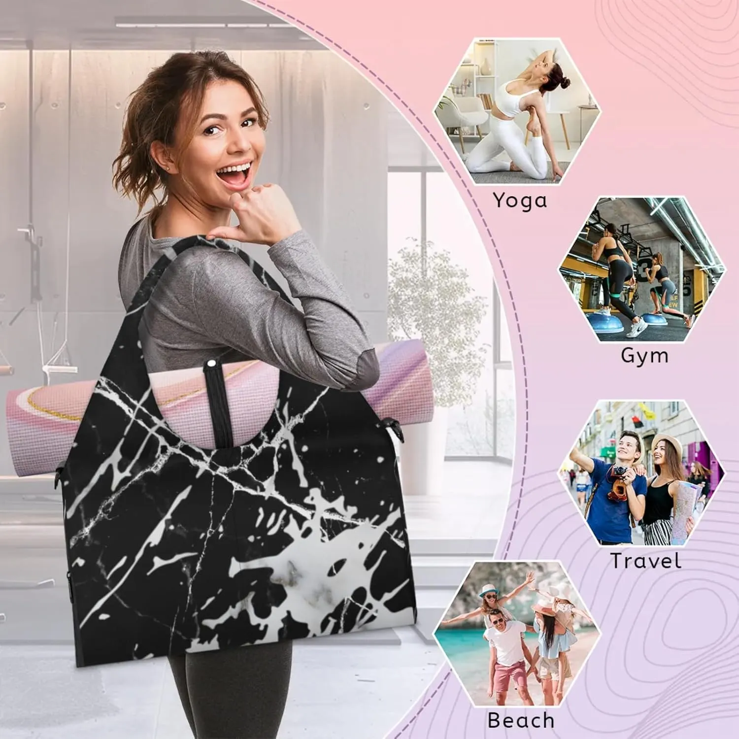 Artificial Marble Gym Bag Yoga Mat Tote for Women with Shoes Compartment Lightweight Duffle Travel Carrier Wet Dry Storage Pockets Adjustable Pilates Mats Shoulder Bags for Sport Swim