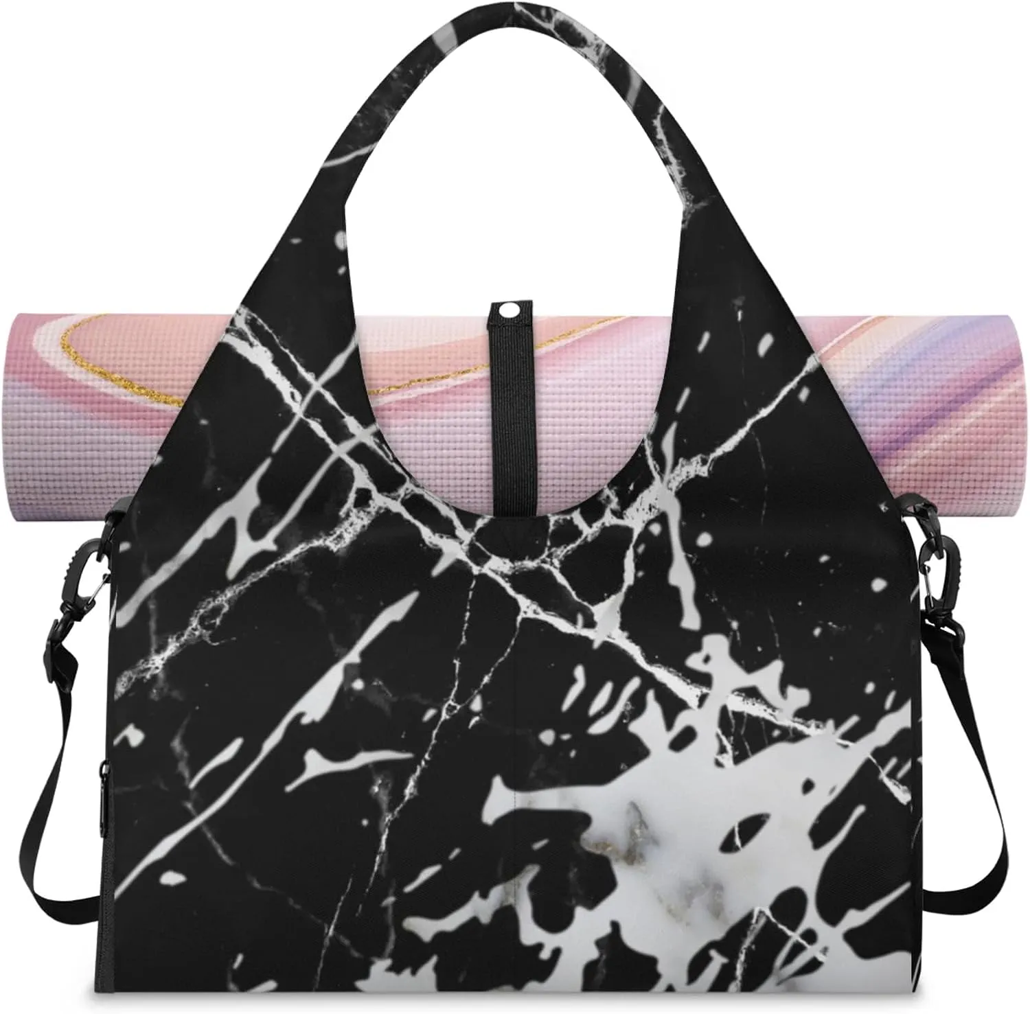Artificial Marble Gym Bag Yoga Mat Tote for Women with Shoes Compartment Lightweight Duffle Travel Carrier Wet Dry Storage Pockets Adjustable Pilates Mats Shoulder Bags for Sport Swim