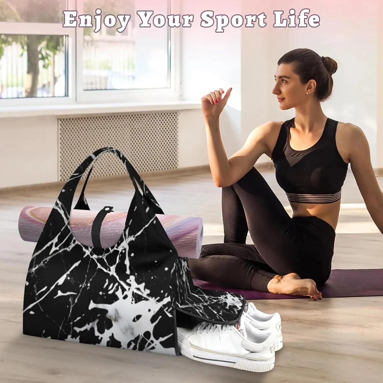 Artificial Marble Gym Bag Yoga Mat Tote for Women with Shoes Compartment Lightweight Duffle Travel Carrier Wet Dry Storage Pockets Adjustable Pilates Mats Shoulder Bags for Sport Swim