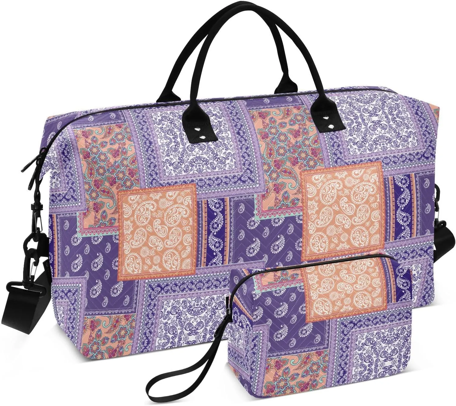 Aslsiy Travel Duffel Bags for Women Patchwork Paisley Indigo Sports Duffel Bag Weekender Bags Gym Bag with Toiletry Bag Carry on Overnight Bag