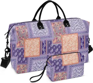 Aslsiy Travel Duffel Bags for Women Patchwork Paisley Indigo Sports Duffel Bag Weekender Bags Gym Bag with Toiletry Bag Carry on Overnight Bag