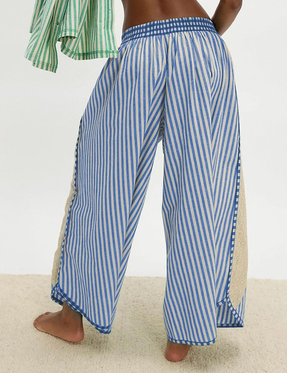 Athlisan Womens Summer Casual Loose Striped Wide Leg Lounge Pants Elastic Waist Palazzo Trousers