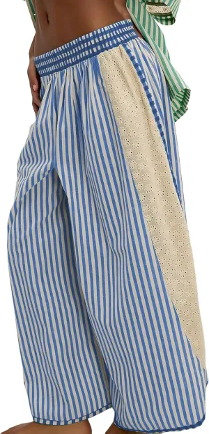 Athlisan Womens Summer Casual Loose Striped Wide Leg Lounge Pants Elastic Waist Palazzo Trousers