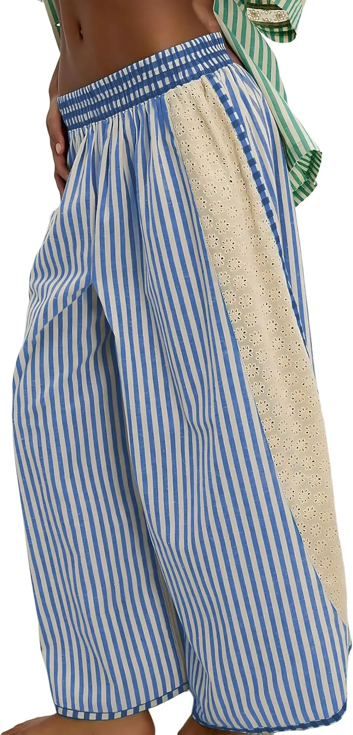 Athlisan Womens Summer Casual Loose Striped Wide Leg Lounge Pants Elastic Waist Palazzo Trousers