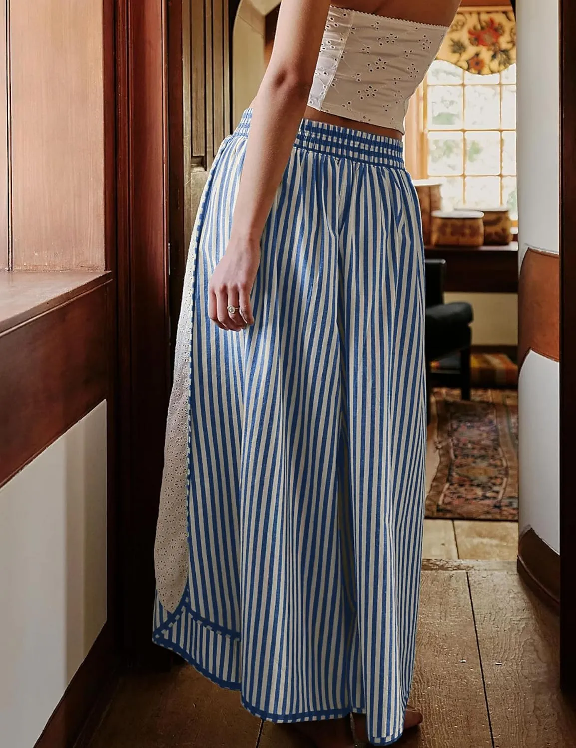 Athlisan Womens Summer Casual Loose Striped Wide Leg Lounge Pants Elastic Waist Palazzo Trousers